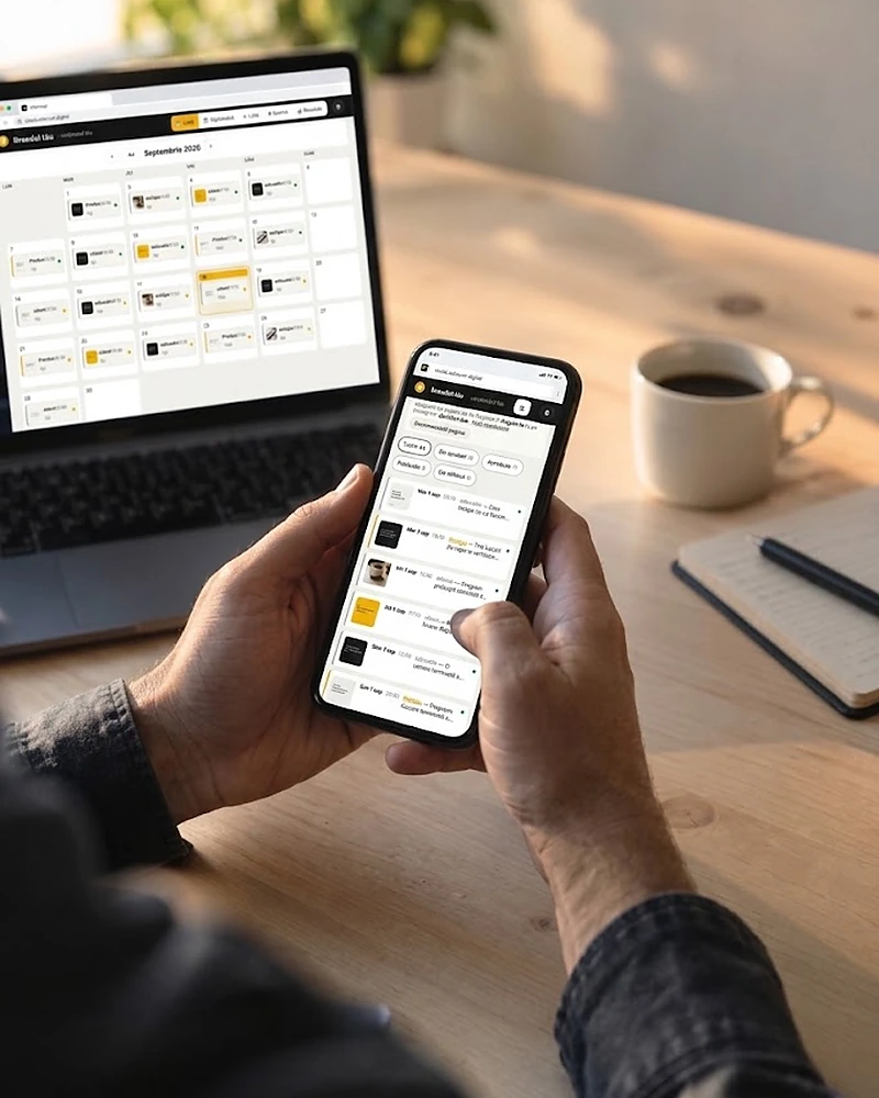 Aplicația ADecvat Social Autopilot deschisă pe telefon, cu postările lunii gata de aprobat, și calendarul lunii pe laptop
